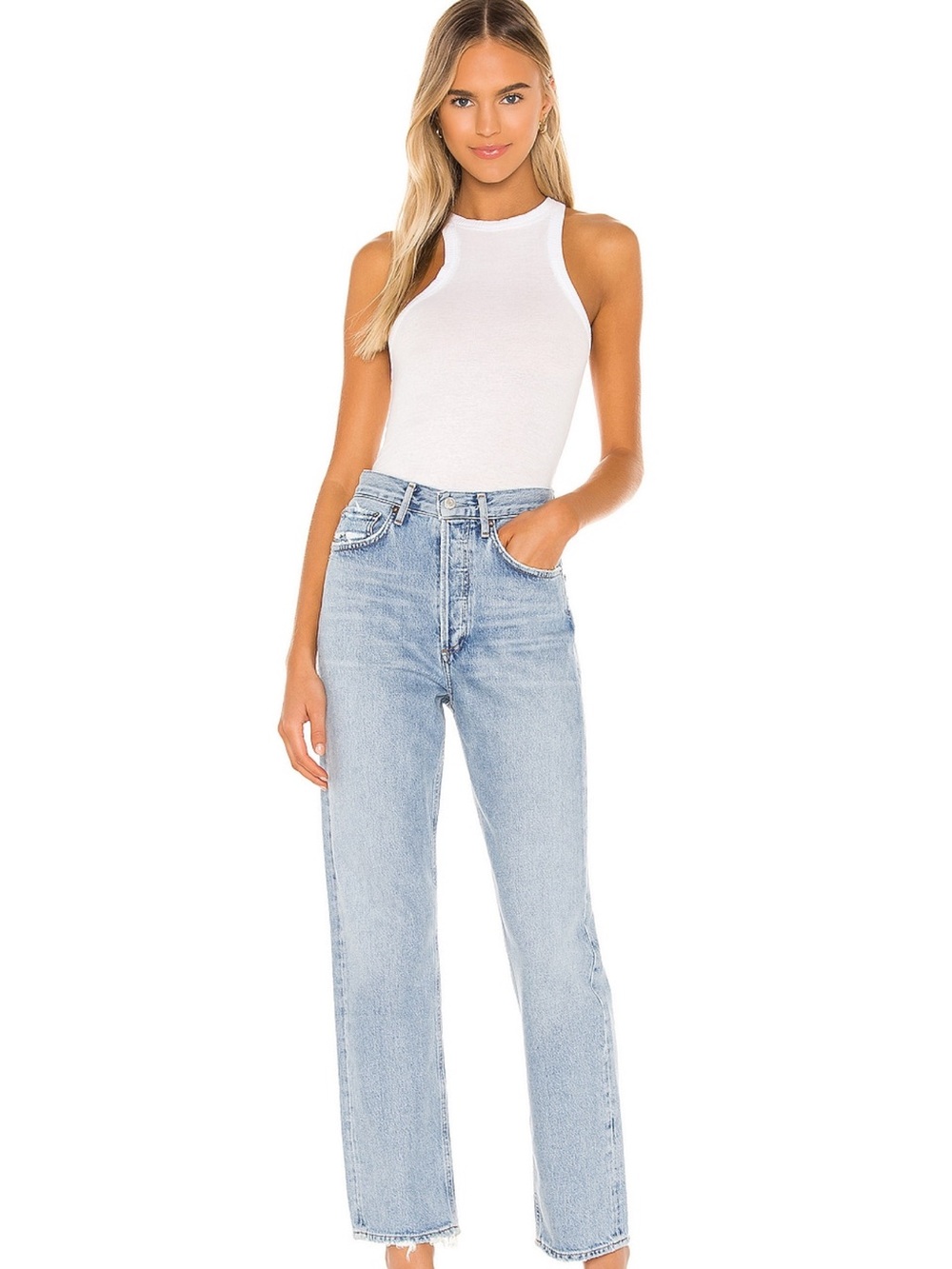 Agolde Straight Leg Mid rise Jeans in Light Wash Blue